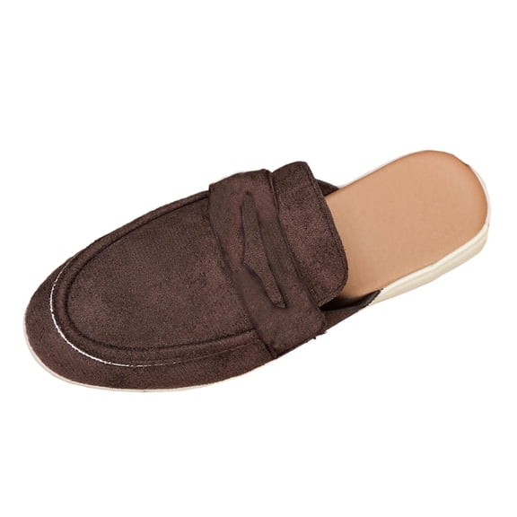 Xfvqtps Comfortable Womens Slip on Mules Backless Loafers Casual Flats with Decorative Metal Soft Faux Leather Shoes for Everyday Wear Sliders and Slip ons Brown