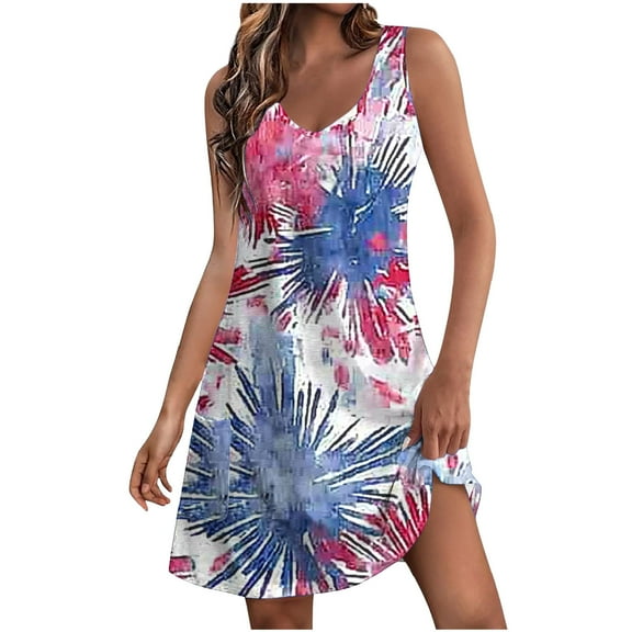 Women's Summer Dresses Fashion Printing Pocket Sleeveless V-Neck Dress Multicolor