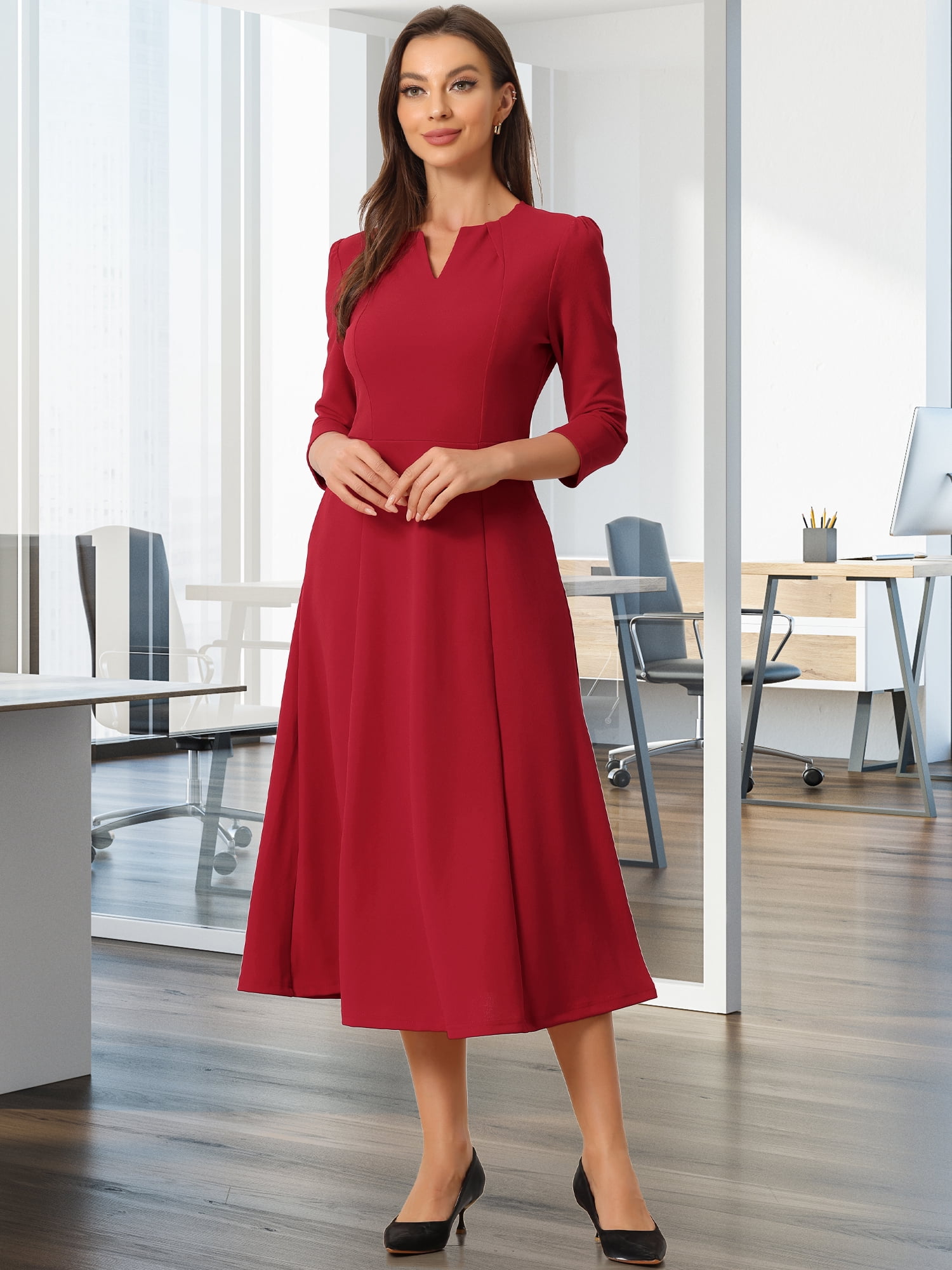 DARING DIVA Work Office Elegant 3/4 Sleeve V Neck A-Line Dress XS Red