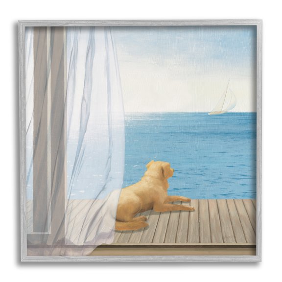 Stupell Industries Dog in Coastal Window Animals & Insects Painting Gray Framed Art Print Wall Art, 17 x 17