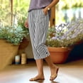 thumbnail image 6 of Lenpel Cotton Linen Capri Pants for Women Lightweight Striped Elastic Waist Cropped Trousers Fashion Side Slit Button Capris, 6 of 7