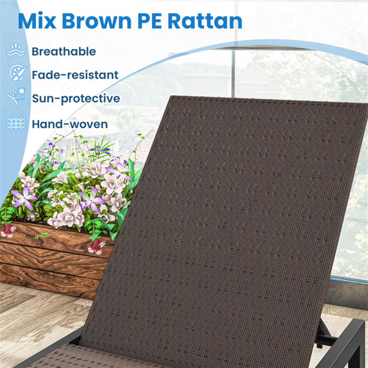 Demi Bonn PE Wicker Patio Outdoor Chaise Lounge Chair with Wheels for Poolside Backyard and Deck, Brown