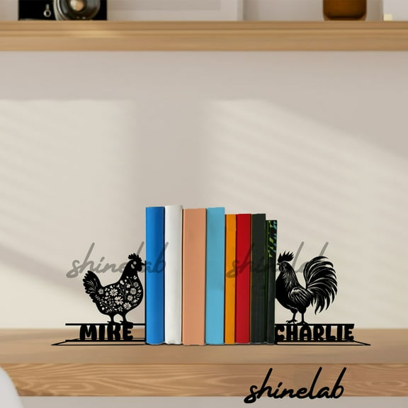 Shinelab Chicken Metal Bookends, Rooster Farmhouse Decor, Animal Book End 12898