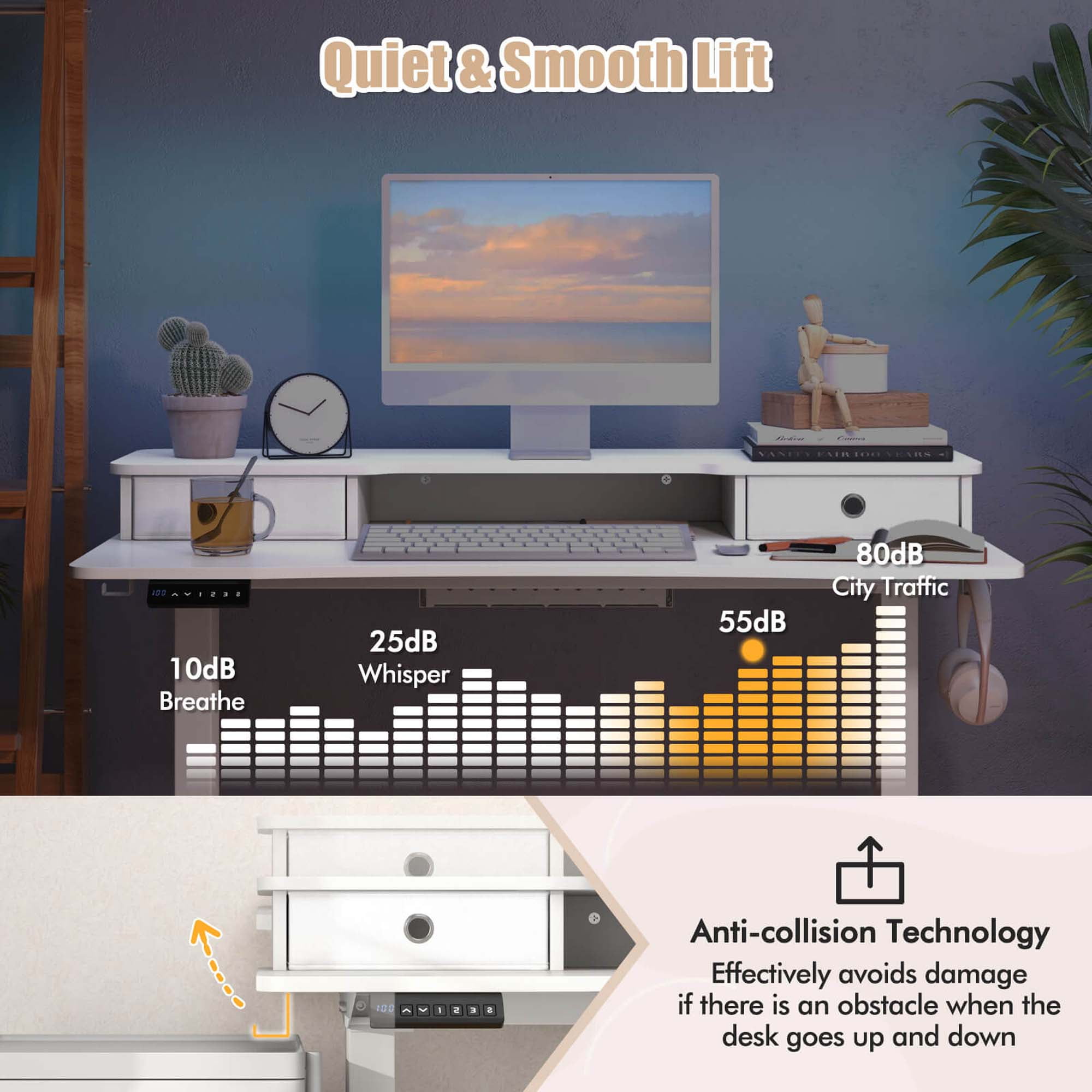 Costway 48"x 24" Electric Standing Desk with 2 Drawers Monitor Stand Storage Shelf White