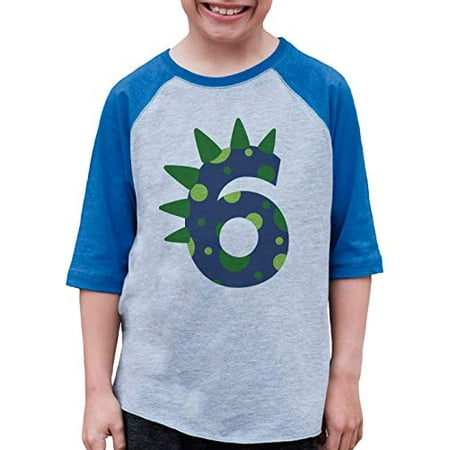 

7 ate 9 Apparel Boy s Six 6 Sixth 6th Dinosaur Dino Birthday Blue Raglan Tee