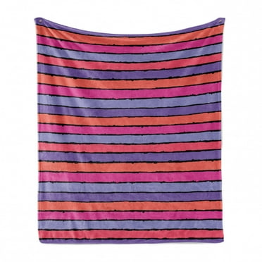 Abstract Soft Flannel Fleece Throw Blanket, Horizontal Chalky Pastel Brush Stroke Stripes Urban Fashion Details, Cozy Plush for Indoor and Outdoor Use, 70" x 90", Pink Salmon and Violet, by Ambesonne