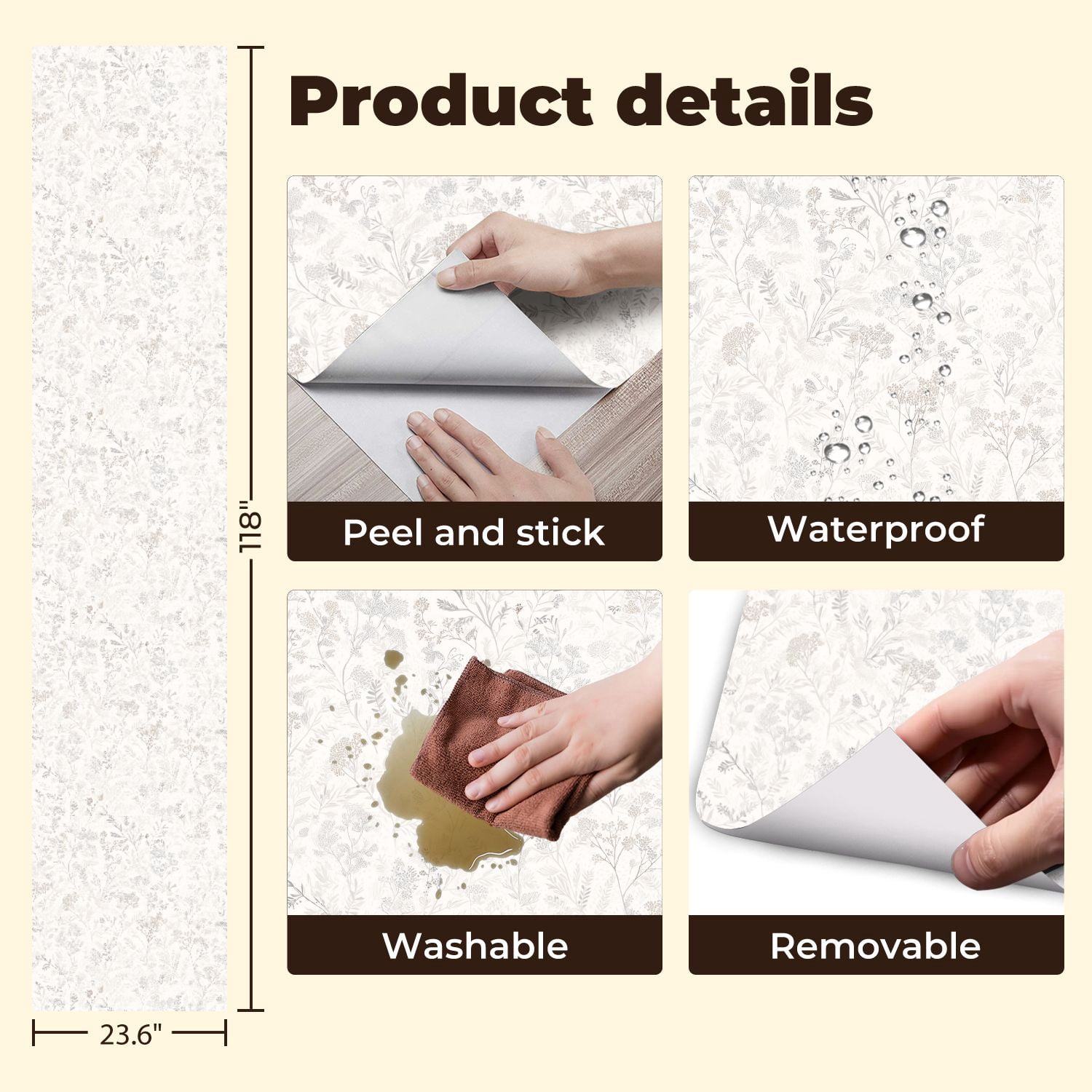 Peel and Stick Wallpaper 23.6in x 9.8ft Elegant Botanical Ferns Wildflowers Soft Contact Paper Vinyl Waterproof Self Adhesive Wall Paper for Bedroom Shelf Cabinet Renter Friendly
