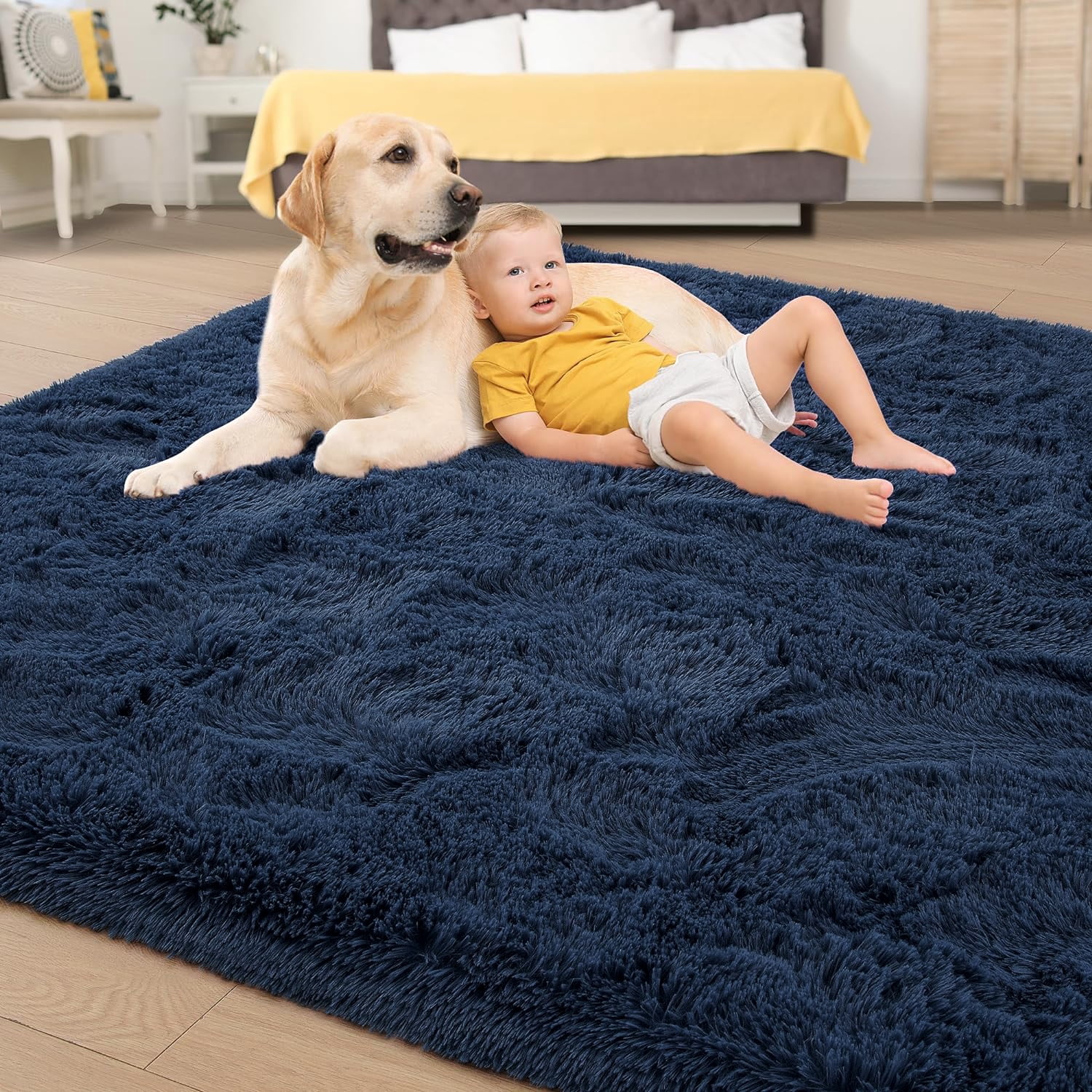 Dwelke Shaggy Area Rug 9x12ft, Ultra Fuzzy Large Plush Carpet for Living Room Bedroom,Blue