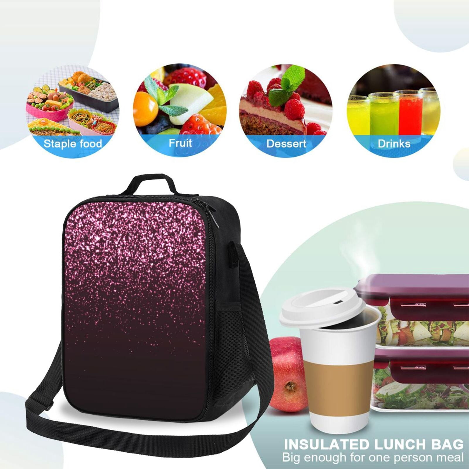 Xecao Pink Glitter Sparkles A Print Lunch Bag - Durable, Double-Insulated Lunch Bag, Holds Lunch Box, Water Bottle, & Snacks,Leakproof Cooler Tote Bag