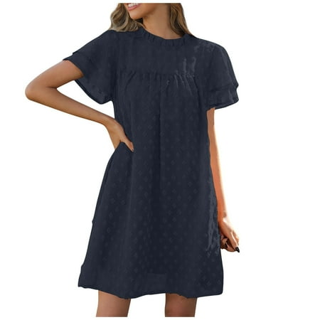 Casual Dresses For Women  Smocked Casual Round Neck Loose Double Layer Short Sleeve Swiss Dot Lace Short Sundress Shoes Women Mini Dresses Wedding Guest Formal Sundresses (XL  Navy) ZMTing