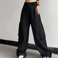 thumbnail image 2 of IROINNID Clearance Women's Cargo Pants Solid Wide Leg Loose Fit Drawstring Long Casual Pants with Multi Pockets,Black, 2 of 6