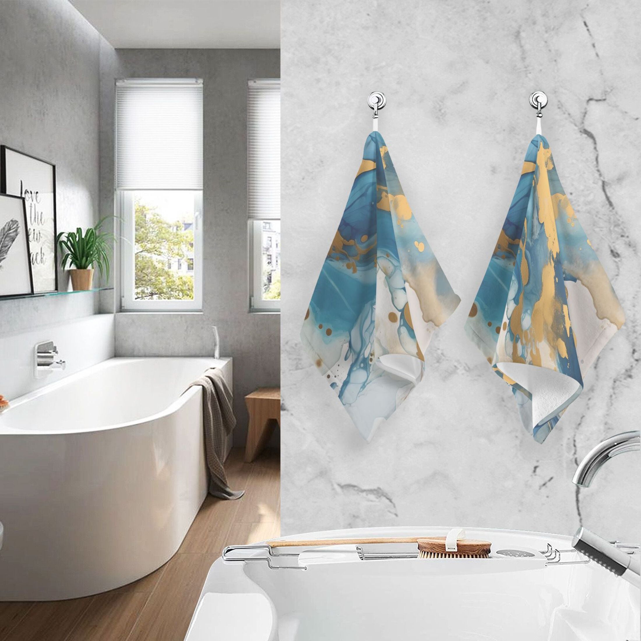 2 Pcs Hand Towel Set Sapphire Blue Gold Marble Cotton Absorbent Soft Face Towels Bath Towels for Bathroom Kitchen Shower Hotel Decor 16"x28"