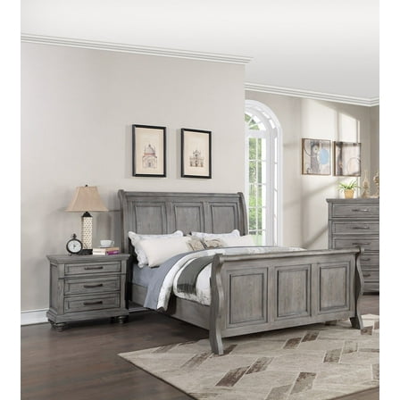 Grey Finish Wooden California King Size Bed 2x Nightstands 3pc Set Bedroom Furniture Sleigh 3-Panel Design Headboard Footboard