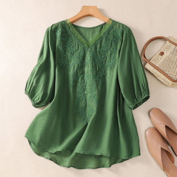 Womens T Shirts Embroidered Floral Vine Linen 3/4 Sleeve Blouse Ladies Tops and Blouses Green L