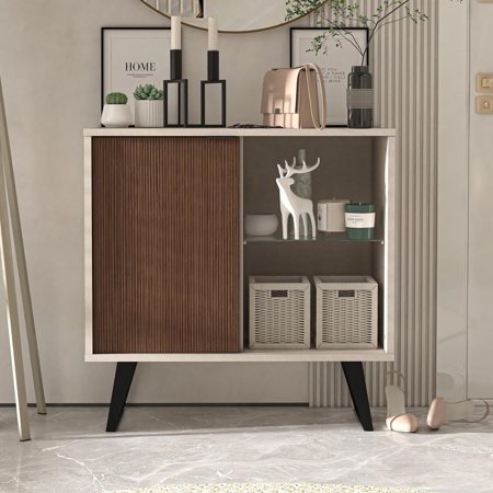 HomeStock Beachy Boho Sideboard Buffet Kitchen Storage Cabinet with Adjustable Glass Shelf Modern Dining Room Credenza Hallway decor Console Liquor and Accent Cabinet