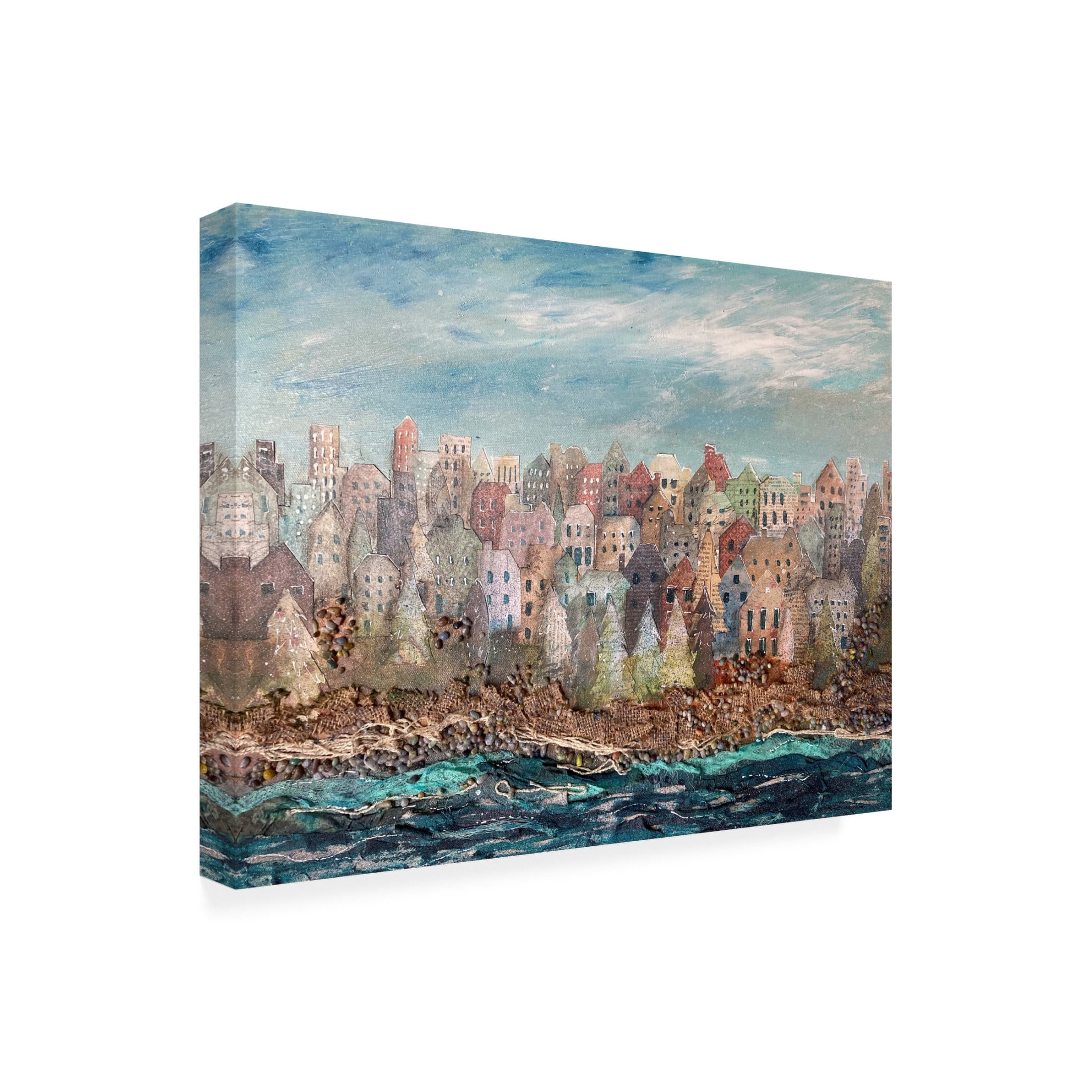 Canvas Wall Art - Christine Rotolo 'Mixed Media Village and the Sea' Wall Art for Living Room, Bedroom, or Office Décor by Trademark Fine Art - 47 x 35 Inches