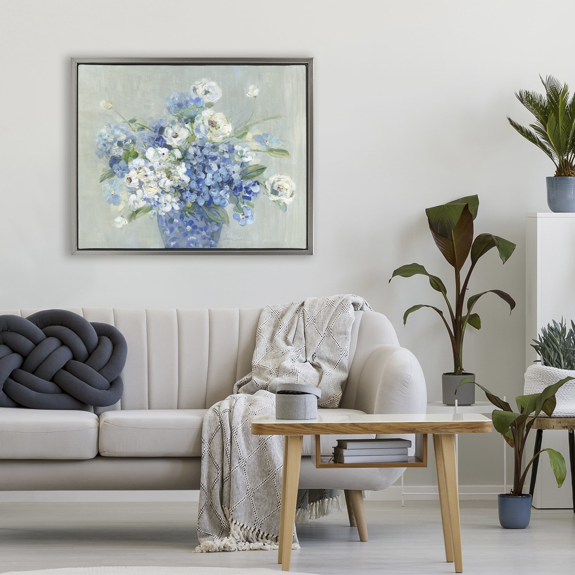 Stupell Industries Serene Blue And White Bouquet Gray Framed Floater Canvas Wall Art, design by Sally Swatland