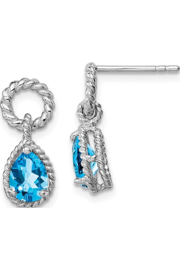 Sterling Silver Rhodium Plated Blue Topaz Pear Twisted Post Earrings (16 X 7) Made In China qe9796bt