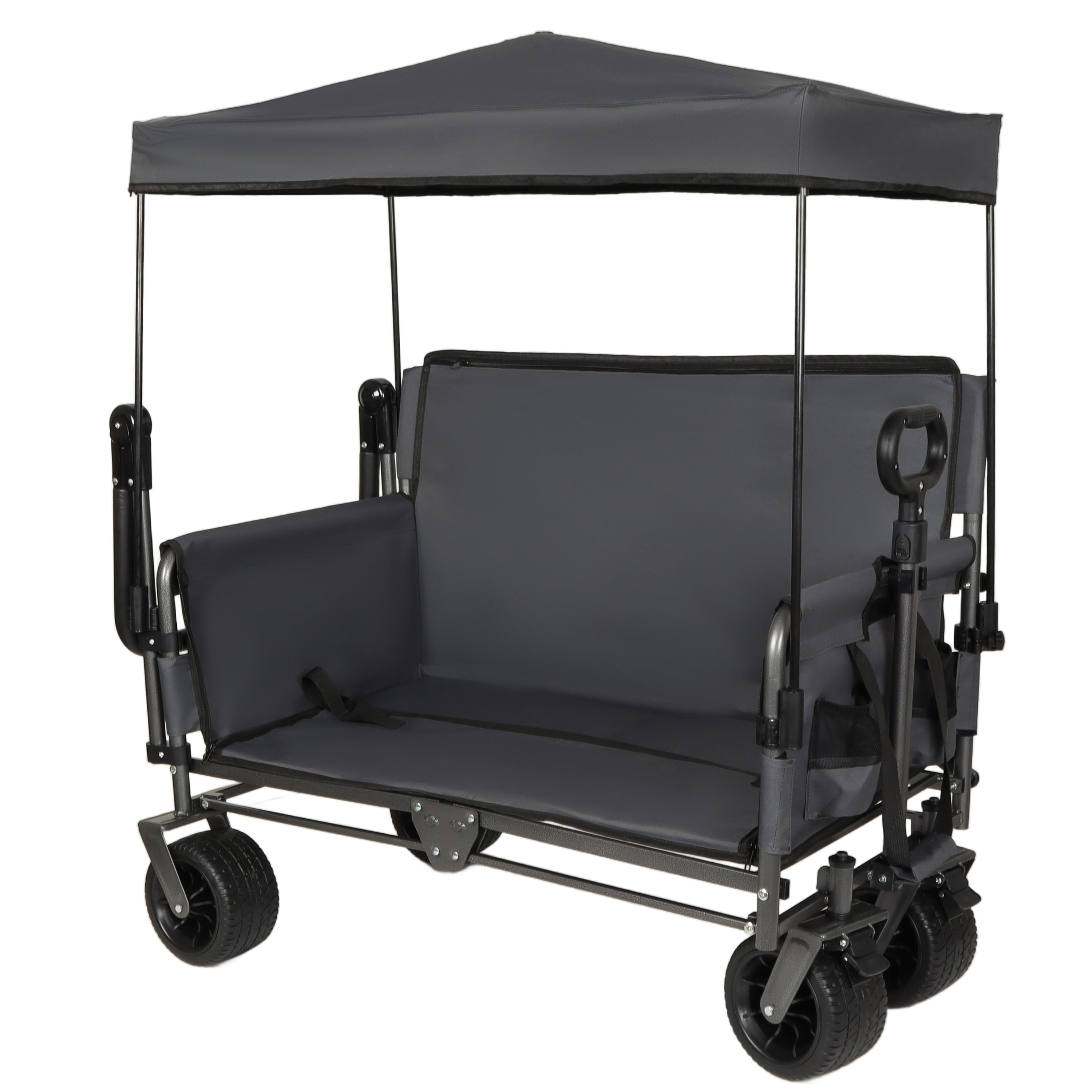 JXXRZ Folding Wagon with Seat & Canopy, 500lbs Heavy Duty All-Terrain Beach Cart, Gray