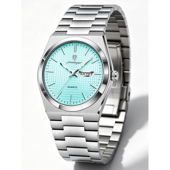POEDAGAR Business Men's Stainless Steel Waterproof Luminous Quartz Watches with Dual Calendar Display