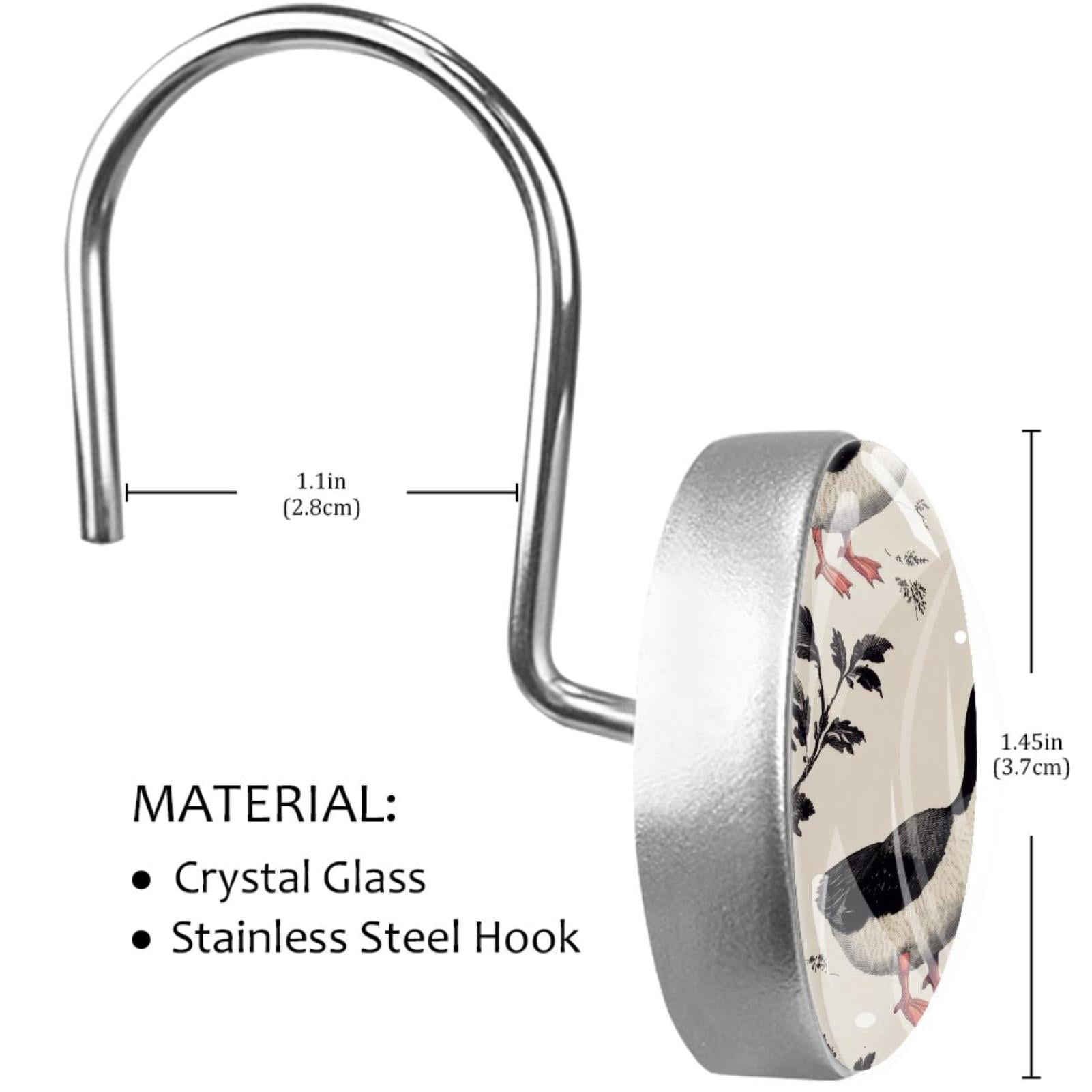Black-White Indian Runner Ducks Shower Curtain Hooks Round Crystal Glass, Set of 12 Shower Curtain Rings - Shower Hooks for Curtain Shower Rings