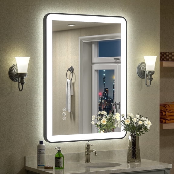 GODCHAR 28x20 inch Black Framed Bathroom Mirror with Front&Backlit, AntiFog Wall Mirror with 3 Color Dimmable, Memory and Tempered Glass