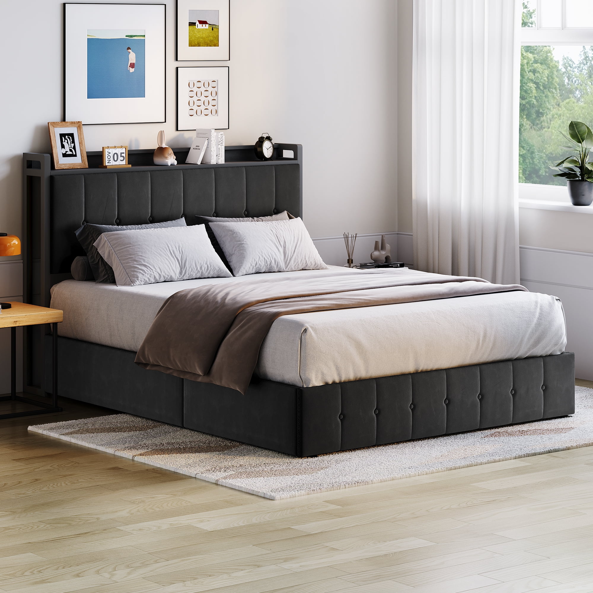 Full Lift Up Storage Bed Frame,Upholstered Platform Bed with Storage Headboard,Hydrualic Underneath Storage,No Box Spring Needed,Easy Assembly