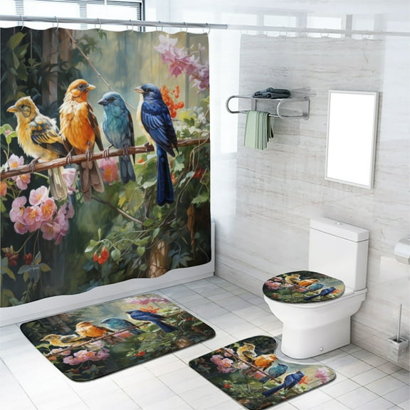 Hummingbird 4 Pieces Shower Curtain Set with Non-Slip Rug Spring Flower Branch Bird Nature Theme Bath Curtain for Bathroom Waterproof Fabric Bathroom Decor Set, 72x72 Inch