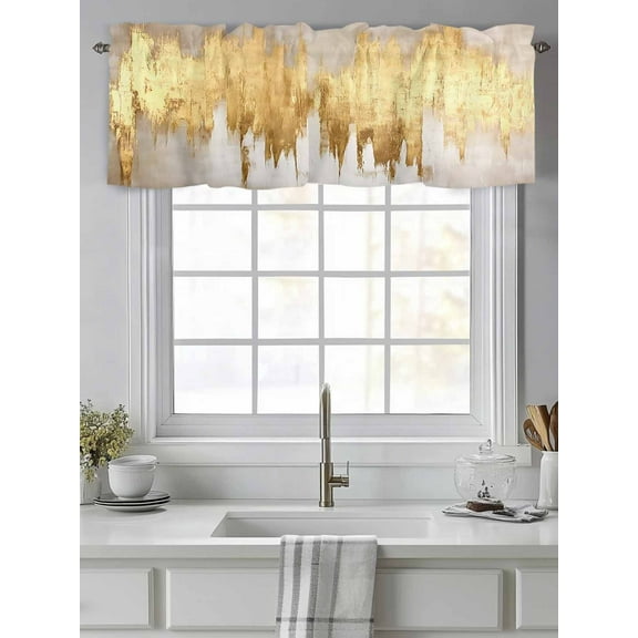 Gold Foil Abstract Geometric Valances for Windows,Kitchen Valance Rod Pocket Short Curtain,Color Block Impressionist Style Valance Curtain Window Valances for Bedroom Living Room 54"x18"