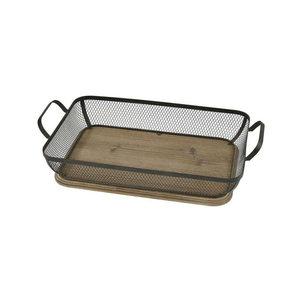 Wire Mesh/Wood Tray With Handles In Roast/Rustic Serving Standard