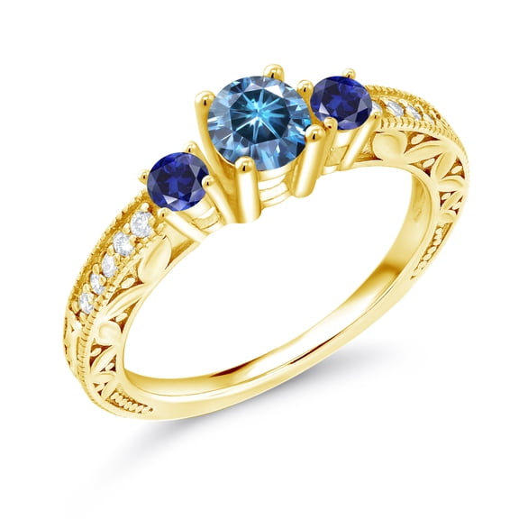 Gem Stone King 18K Yellow Gold Plated Silver 3-Stone Ring Round Persian Blue Moissanite and Created Sapphire Blue (0.91 Cttw, Size 5)