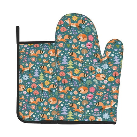 

KLL Foxes and Birds in Forest Pattern Oven Mitts and Pot Holders 2pcs Sets for Kitchen Oven Mitt Heat Resistant 536°F Oven Gloves for Kitchen Cooking and Baking