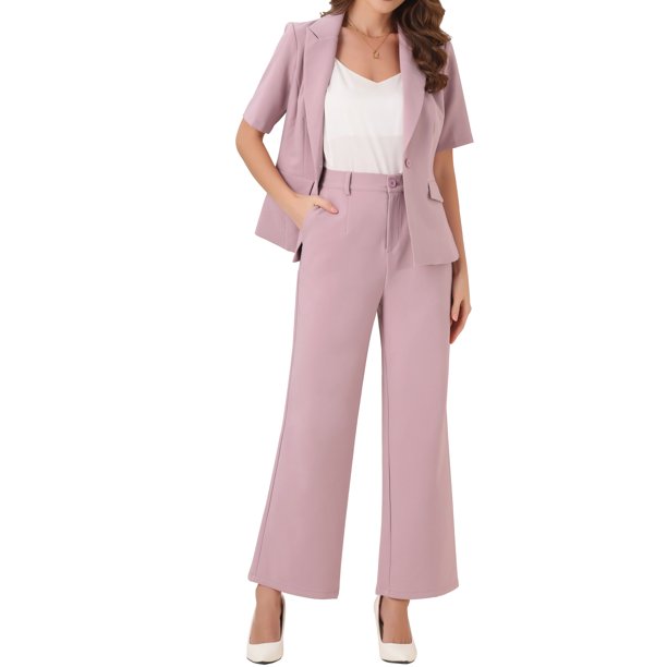Conjunto de traje de oficina para mujeres INSPIRE CHIC, blazer de manga corta con un botón y pantalones de traje XS en rosa polvo
