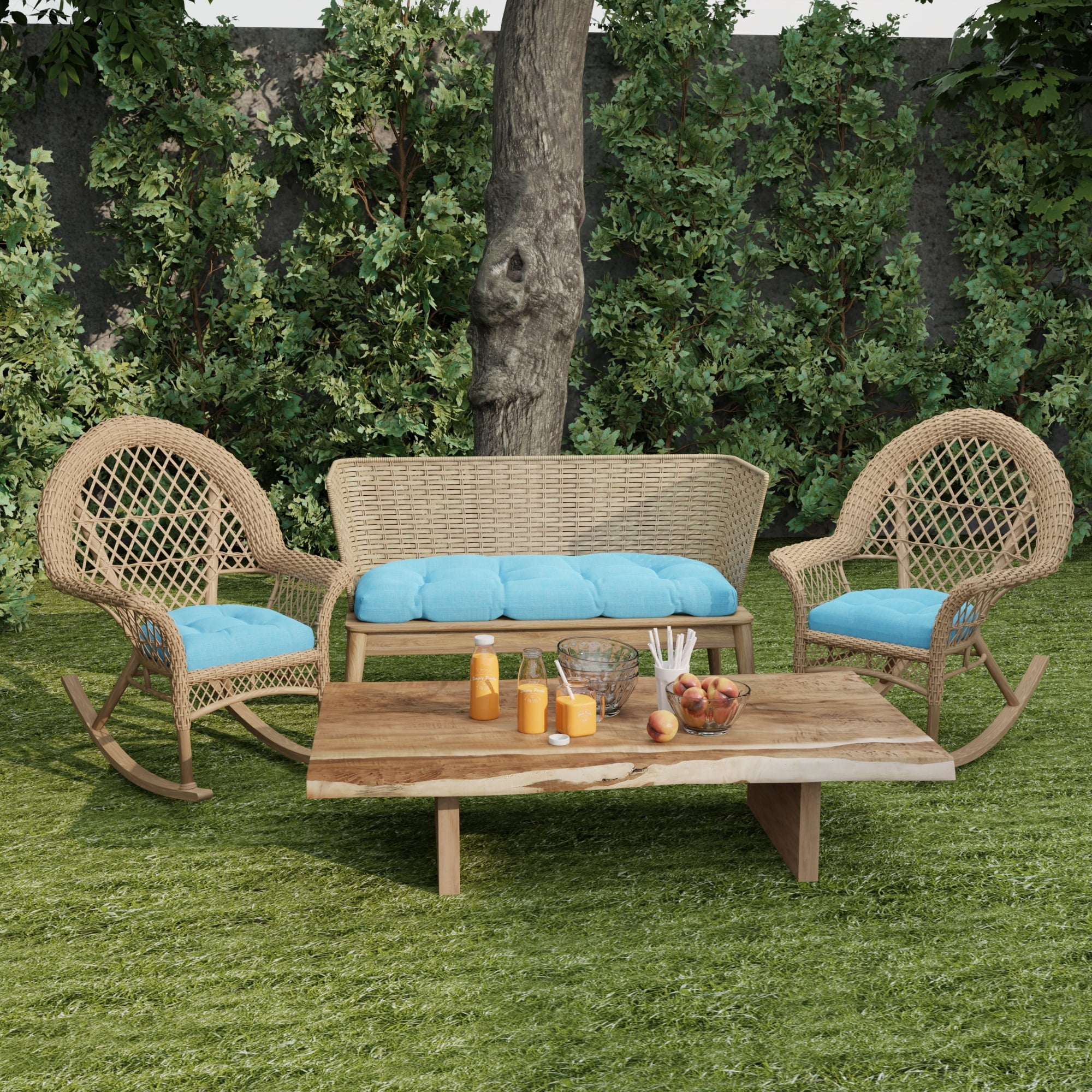 Jordan Manufacturing 3-Piece Celosia Ice Blue Crosshatch Tufted Outdoor Cushion Set with 1 Wicker Bench Cushion and 2 Wicker Seat Cushions