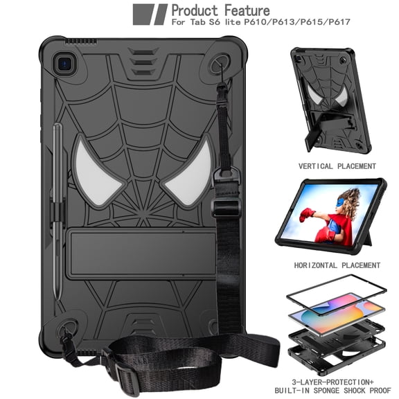 Allytech Case for Samsung Galaxy Tab S6 Lite 10.4" 2020/2022 Model (SM-P610/P613/P615/P619), Rugged Case with Hidden Kickstand & Adjustable Shoulder Strap, Silicon Edges Shockproof Case, Black
