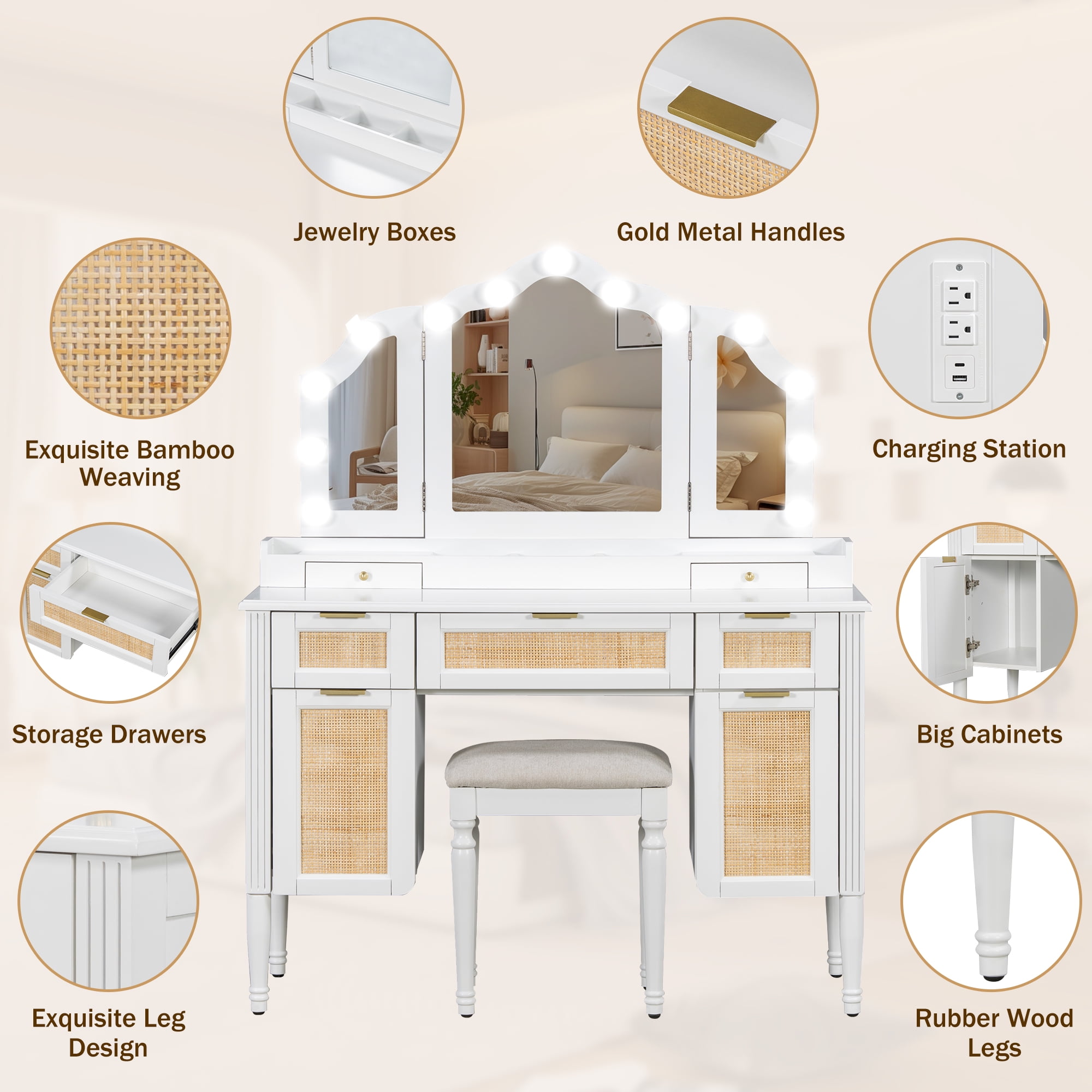 Mintazer 44" Makeup Vanity Set with Tri-Fold LED Mirror & Charging Station, Dressing Table with 5 Drawers & 2 Cabinets and Stool, Makeup Vanity Desk with Hollywood Bulbs for Bedroom, White