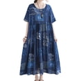 thumbnail image 1 of Vestido de lino de algodón de mujer vintage con estampado de cuello redondo, manga corta, bolsill Romacci Vestido de lino de algodón, 1 of 7