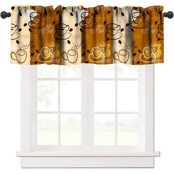 Coffee Kitchen Curtain Valance, Coffee Words Different Typographies Beans Cups on Abstract Vintage Backdrop Window Valance, for Bedroom Living Room Kitchen Cafe W54xL18in 1 Panels