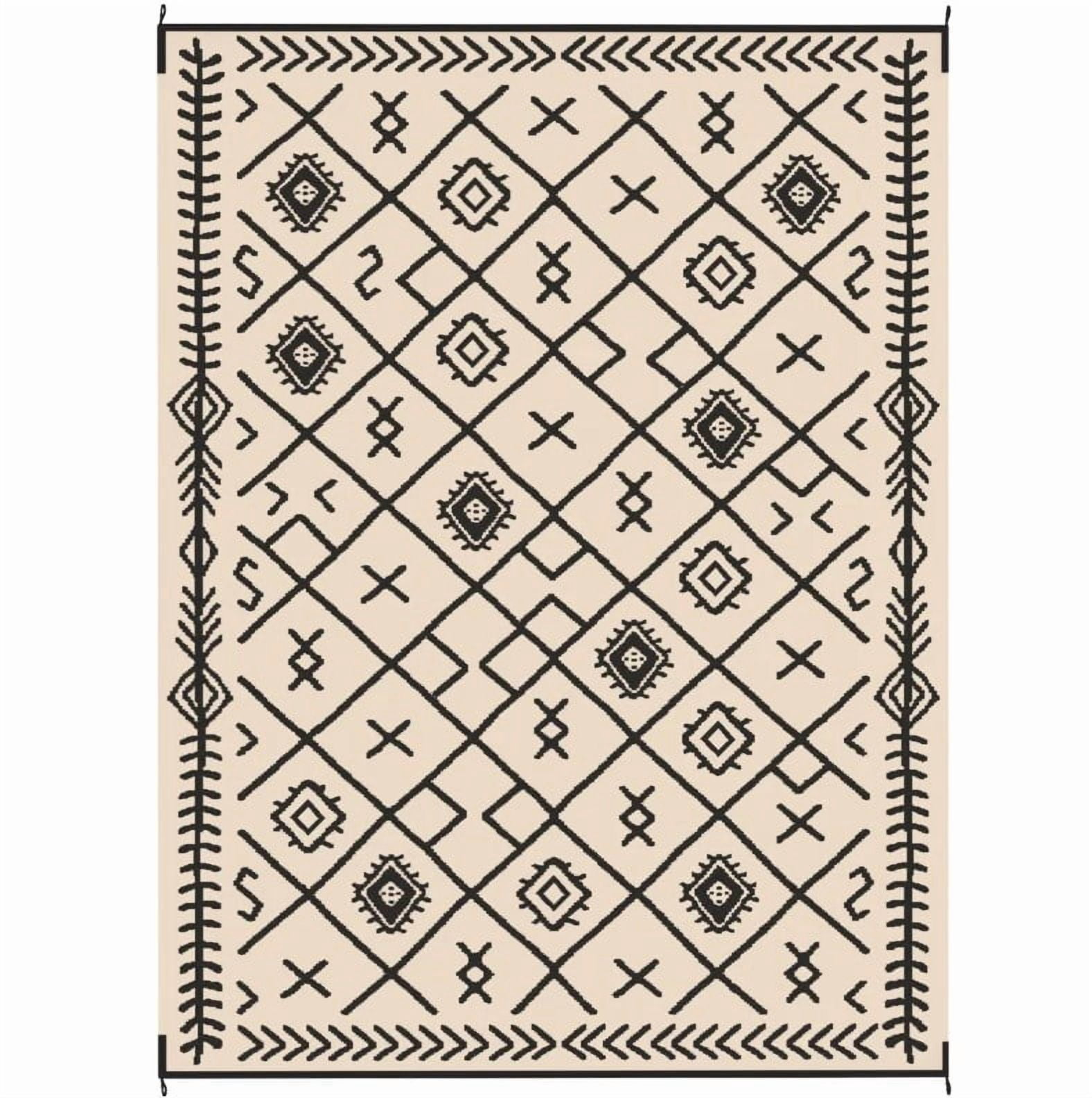 9' x 12' Black and Beige Rhombus Reversible Outdoor Patio Rug, Waterproof Plastic Straw Rug, Foldable Portable RV Camping Mat with Carry Bag