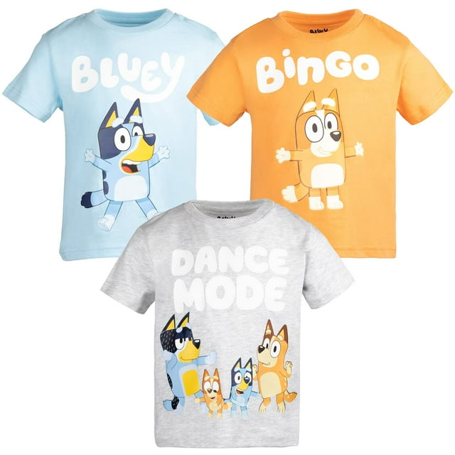 Pack de 3 camisetas Bluey Bingo Little Boys, color naranja/azul/gris, talla 6