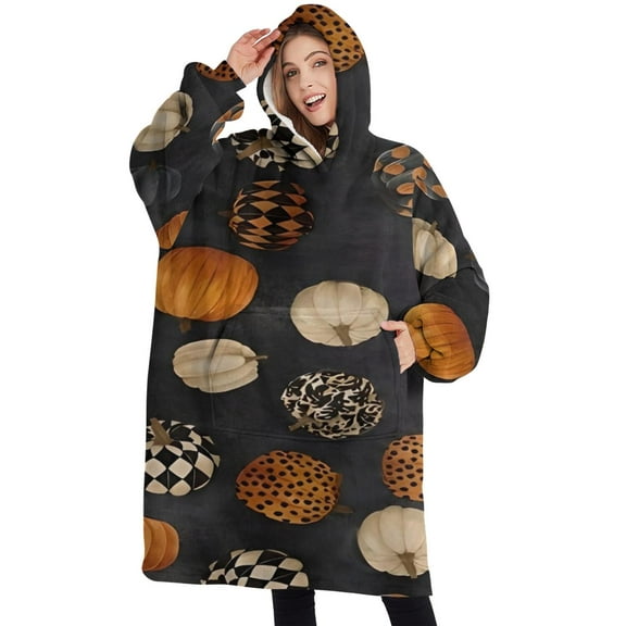 Oversized Wearable Blanket Hoodie,Patterned Pumpkins Halloween Pattern Sherpa Blanket Hoodie with Super Pockets,Super Warm Fuzzy Pullover for Women & Men