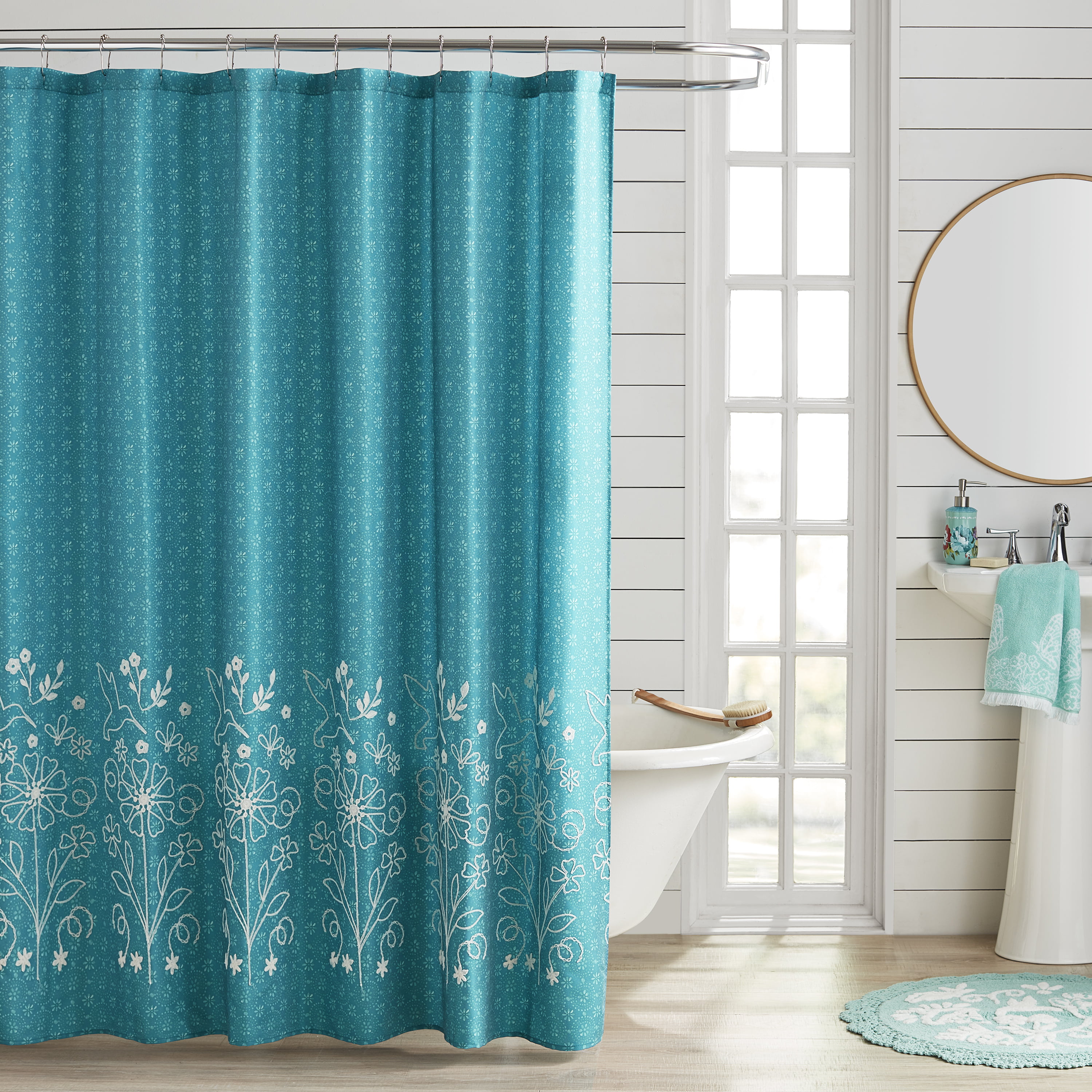 Blue Flower Waterproof Bathroom Polyester Shower Curtain Liner Water Resistant 