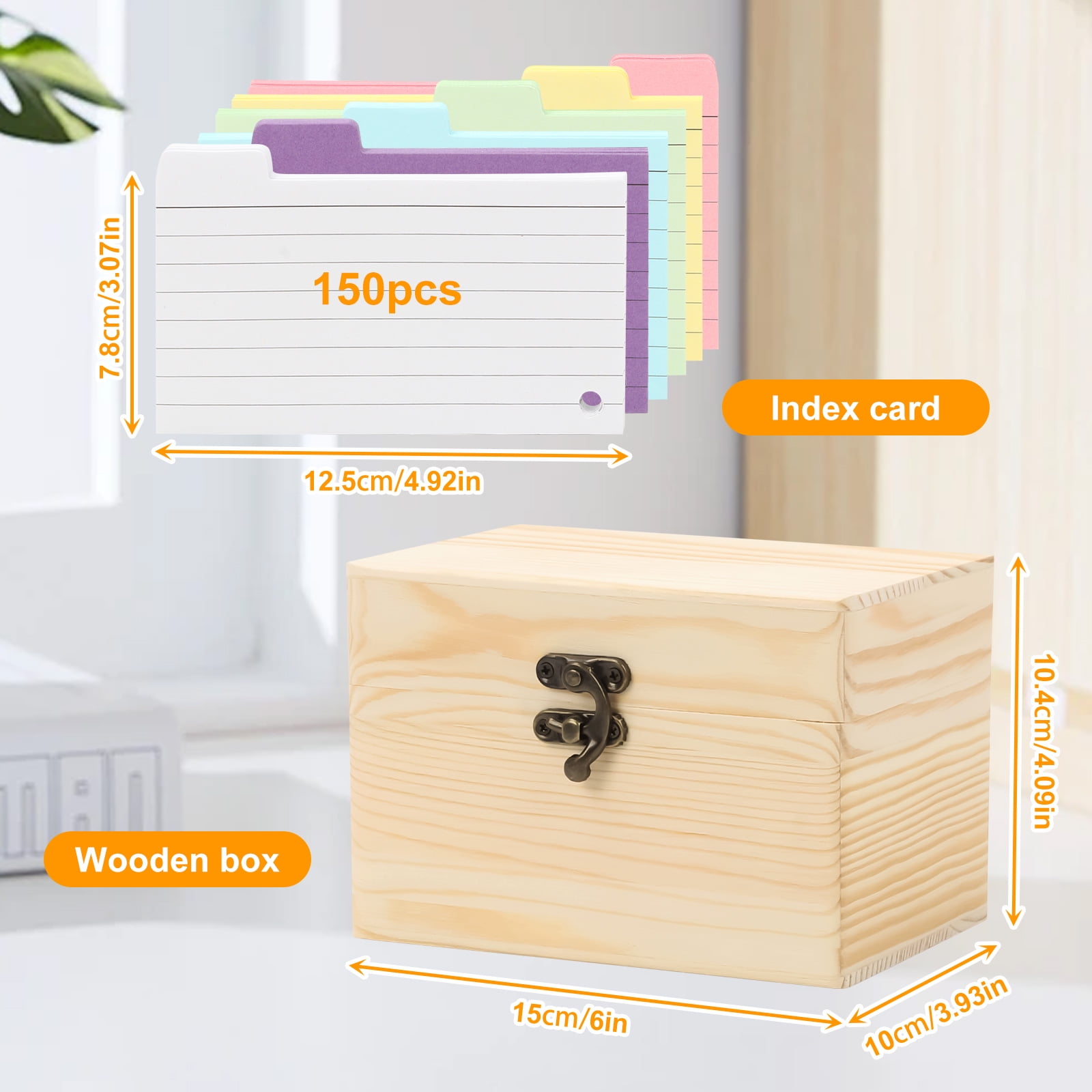 Index Card Holder 15*10*10.4CM, 150 Pcs Heavy-Duty Index Card Business Card Organizer Wooden Recipe Box with Dividers Flash Card Holder