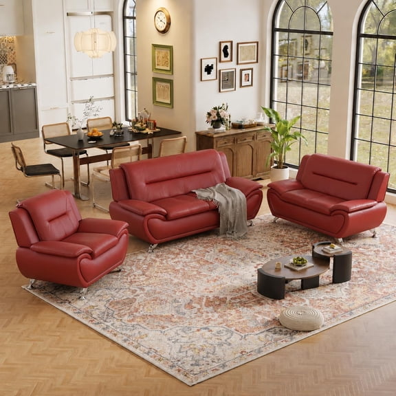 3 Piece Leather Living Room Sofa Set, Modern Sectional Sofa Couches with Sturdy Legs, Living Room Furniture Set for Living Rooms, Offices, and Lounges, Bold Red