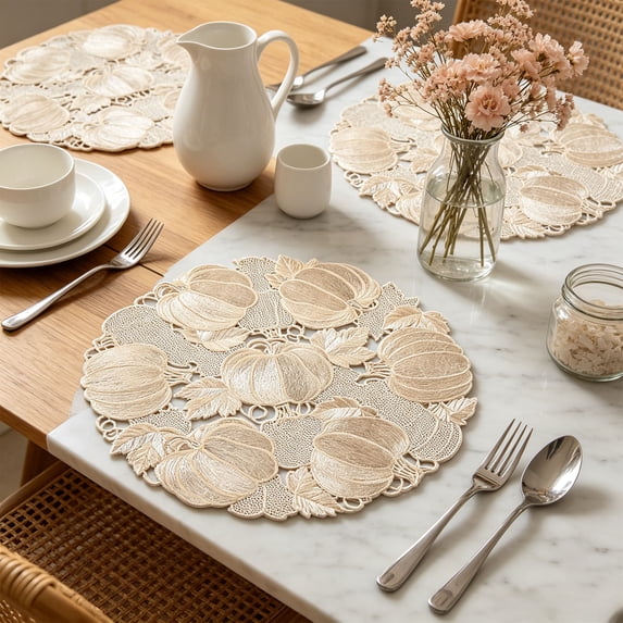 Yhmxh Round Hollow Pumpkin Vinyl Placemats, Fall Harvest Decorative Table Place Mats, Heat Resistant Non-Slip Table Mats for Dining Table Thanksgiving Dinner Home Kitchen Table Decor 14.96 inch
