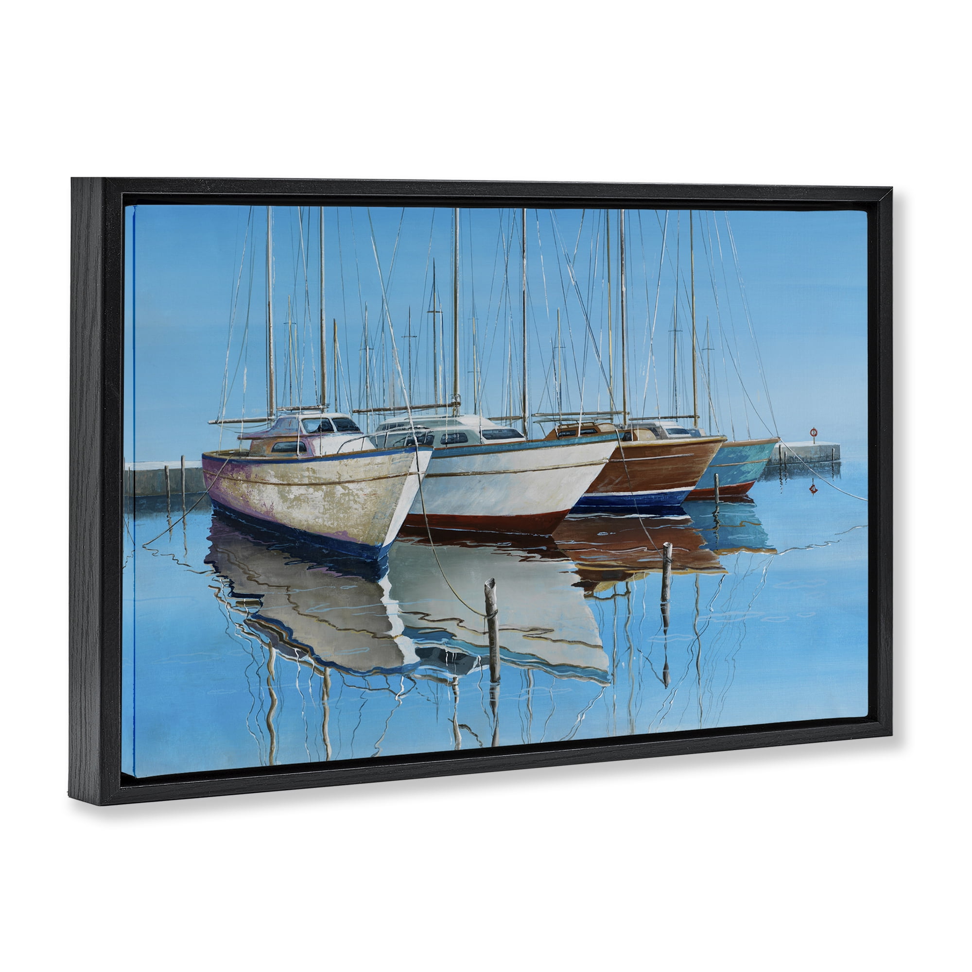 Stupell Industries Four Docked Boats Reflection Transportation Painting Black Floater Framed Canvas Art Print Wall Art, 25 x 17