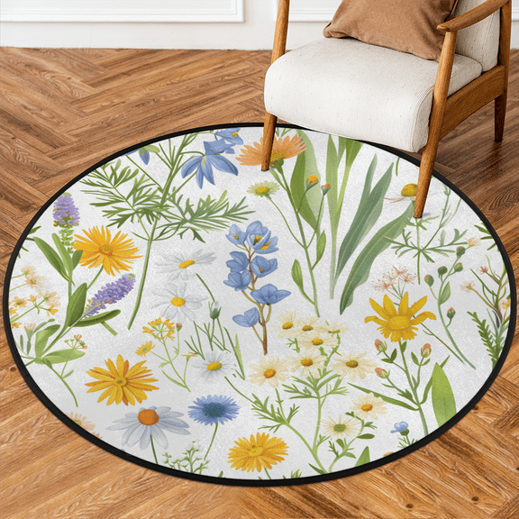 CURLYOOT Round Rug 3ft Summer Wildflower Area Rug, Washable Circle Mat Non Slip Floor Carpet Mat, Soft Indoor Rugs for Entryway Living Room Dining Room Bedroom
