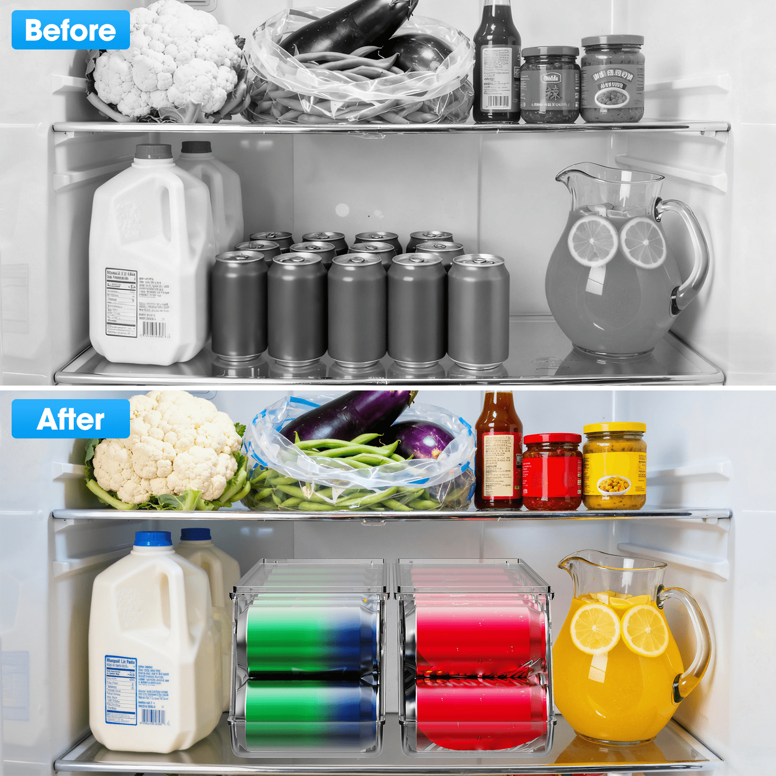 4 Pack Soda Can Organizer, Clear Refrigerator Organizer with Lids, Stackable Organizers for Pantry, Freezer, Kitchen – Holds 48 Cans