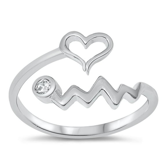 EKG Heart Beat White Cubic Zirconia Promise Ring .925 Sterling Silver Band Jewelry Female Size 10