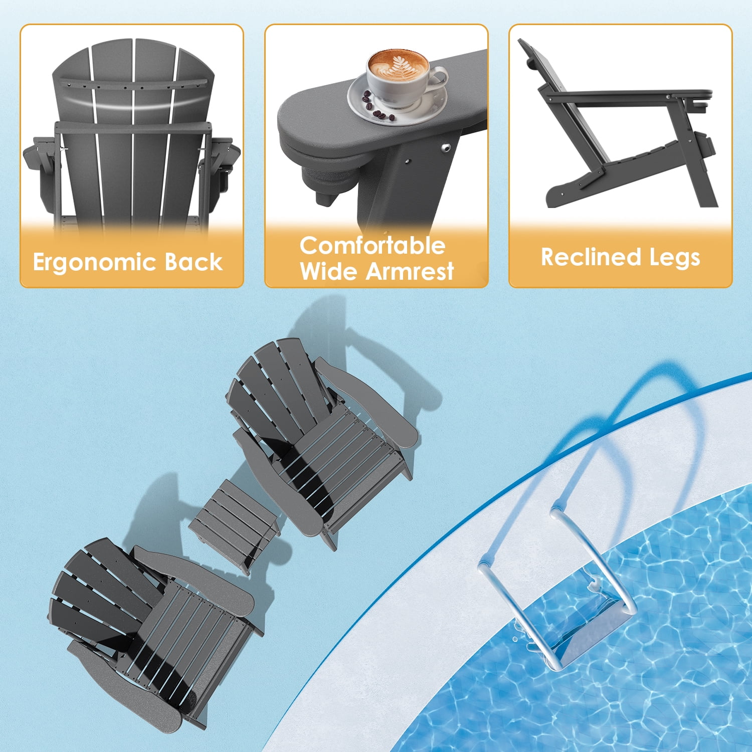 Pipopa Outdoor Folding HDPE Adirondack Chair with Cup Holder,All-Weather Patio Chair for Garden,Backyard,Pool,Grey
